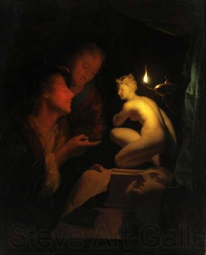 Godfried Schalcken Godfried Schalcken, Two men examining a painting by candlelight Norge oil painting art